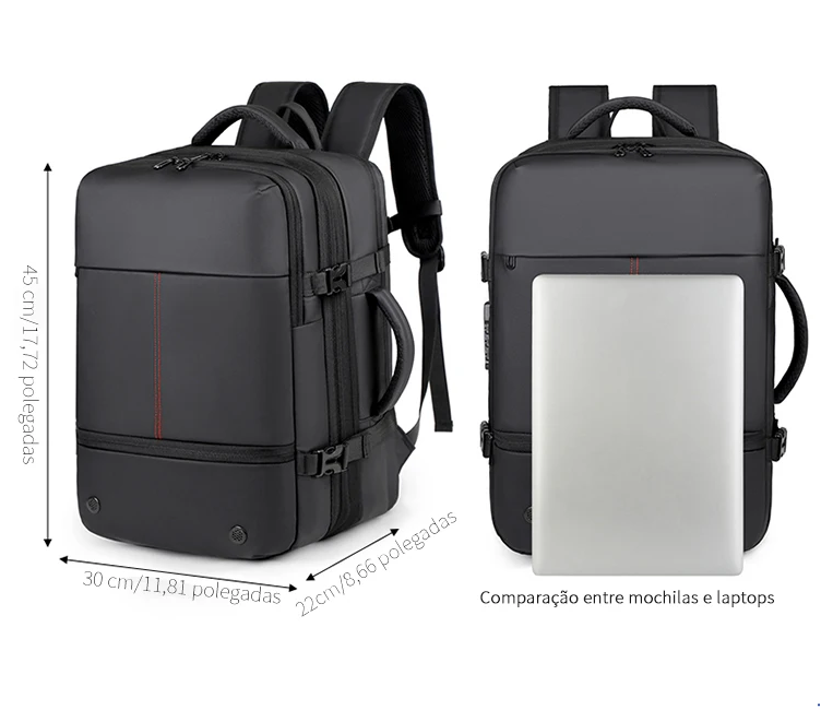 Dimensões da mochila Bagtron: 55 cm de altura, 35 cm de largura e 20 cm de profundidade, com 50 litros de capacidade